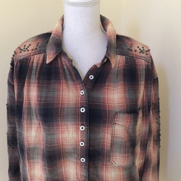 NWT! FREE PEOPLE indigo combo plaid size M top - Picture 2 of 8